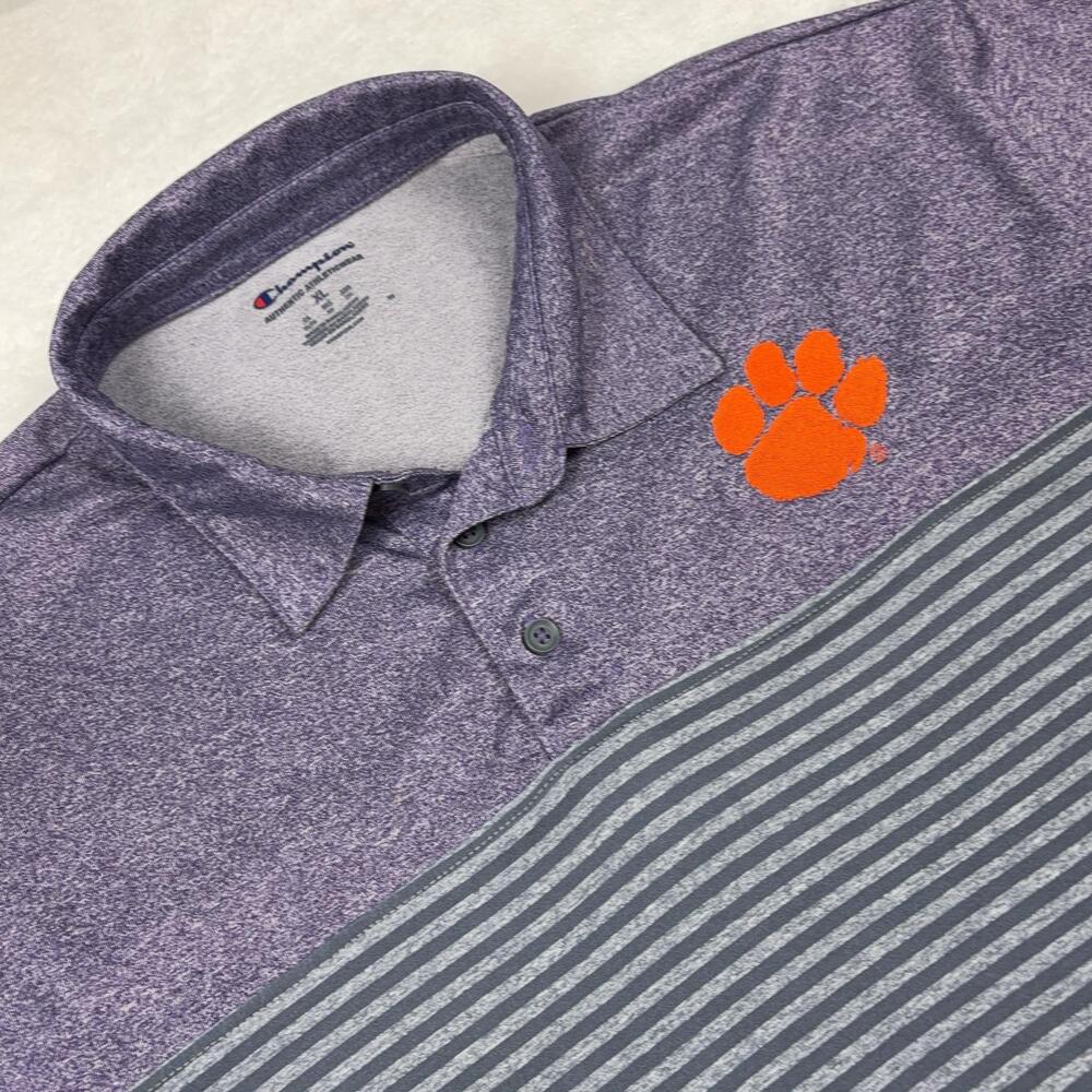 Clemson Tigers Champion Short Sleeve Polo Shirt Men XL Gray Purple Paw